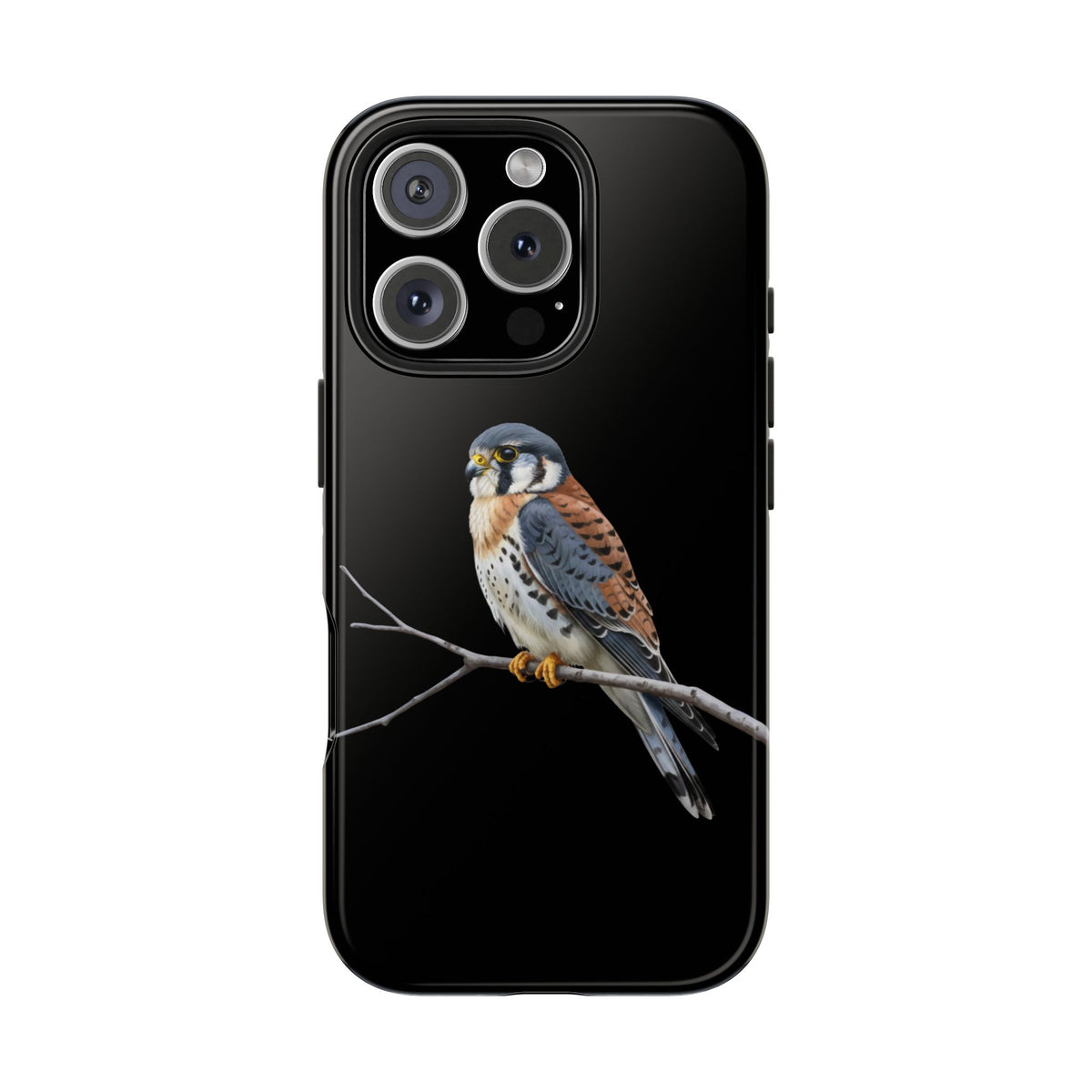 Phone case with an american kestrel bird design on a black background