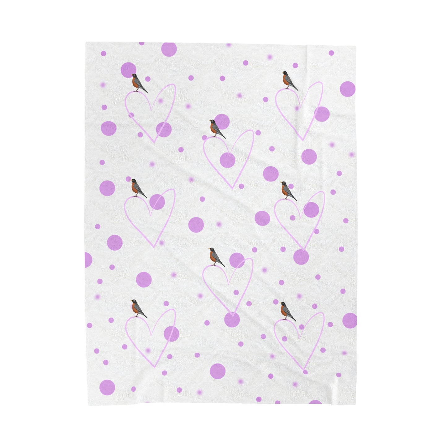 American Robin Valentine's Day Bird Velveteen Plush Blanket Pink Hearts and Dots