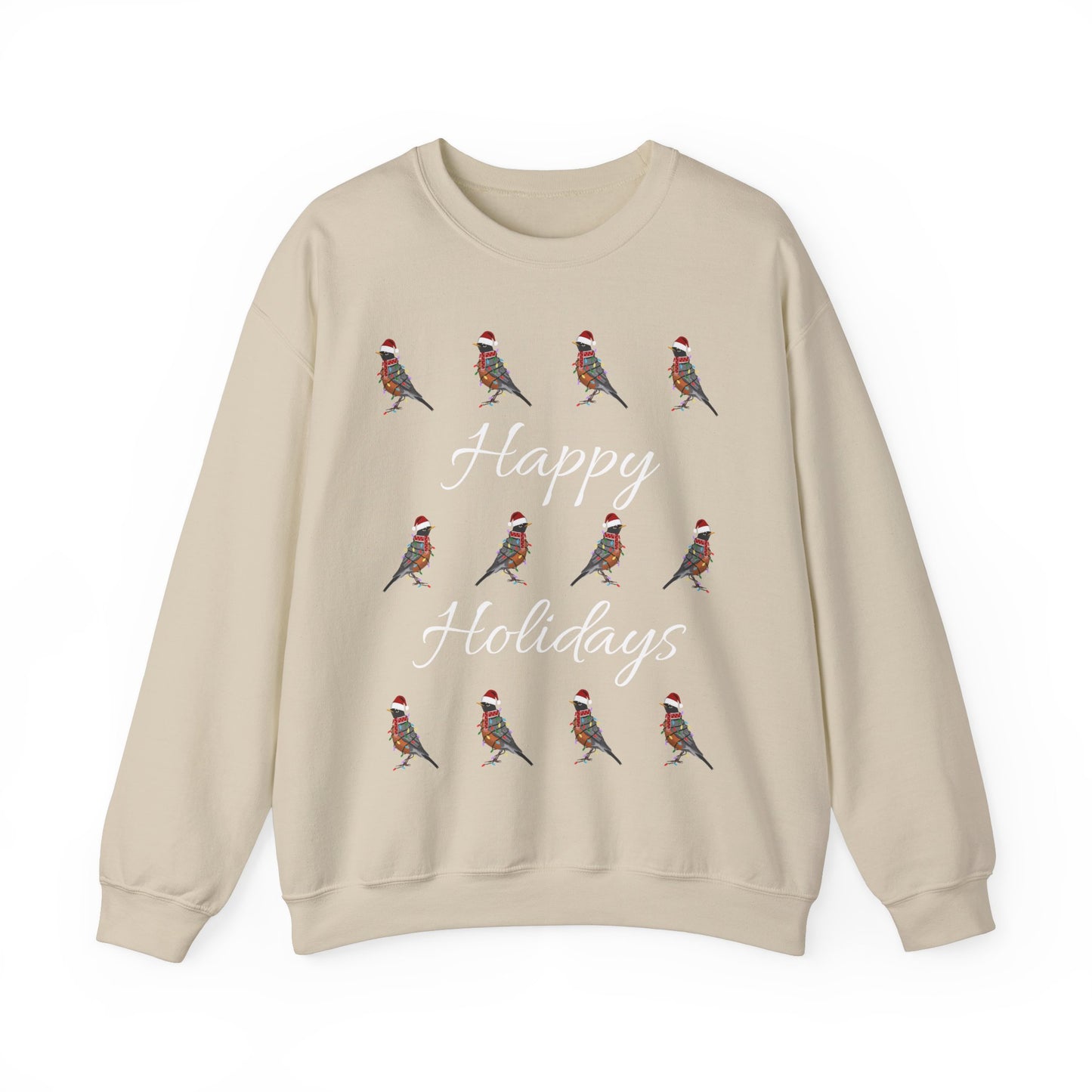 American Robin as Santa with Hat Scarf and Fairy Lights Happy Holidays Birdwatcher Christmas Bird Sweatshirt