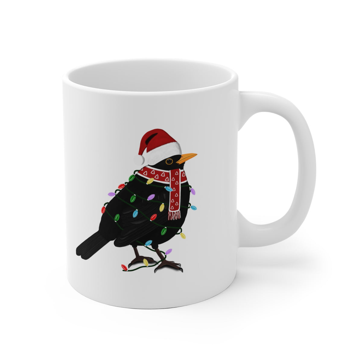Amsel Tasse Vogel als Weihnachtsmann mit Lichterkette Weiß für Vogelfreunde