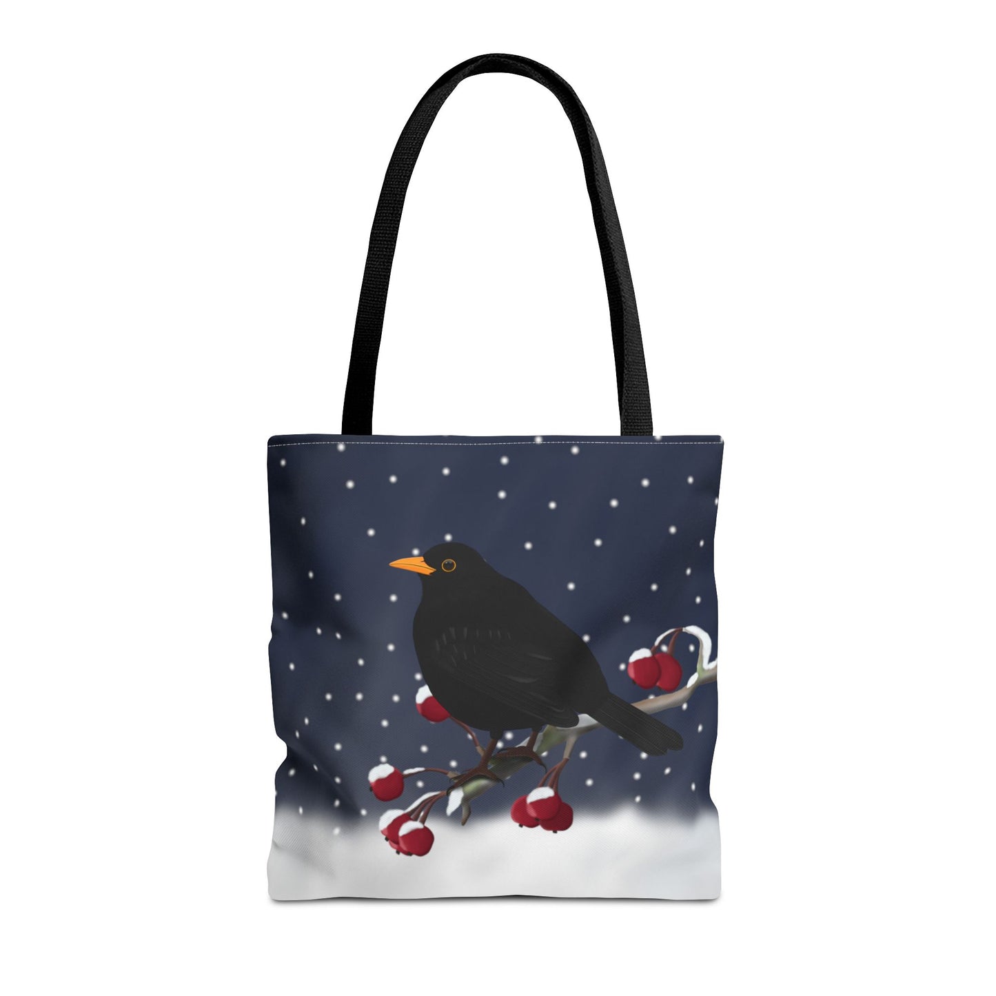 Amsel auf einem Ast im Schnee Vogel Tragetasche
