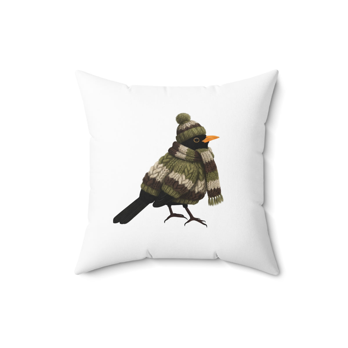 Amsel im Strickpullover Premium Deko-Kissen – Beidseitig Bedrucktes Vogel-Motiv – Perfektes Geschenk für Vogelfreunde