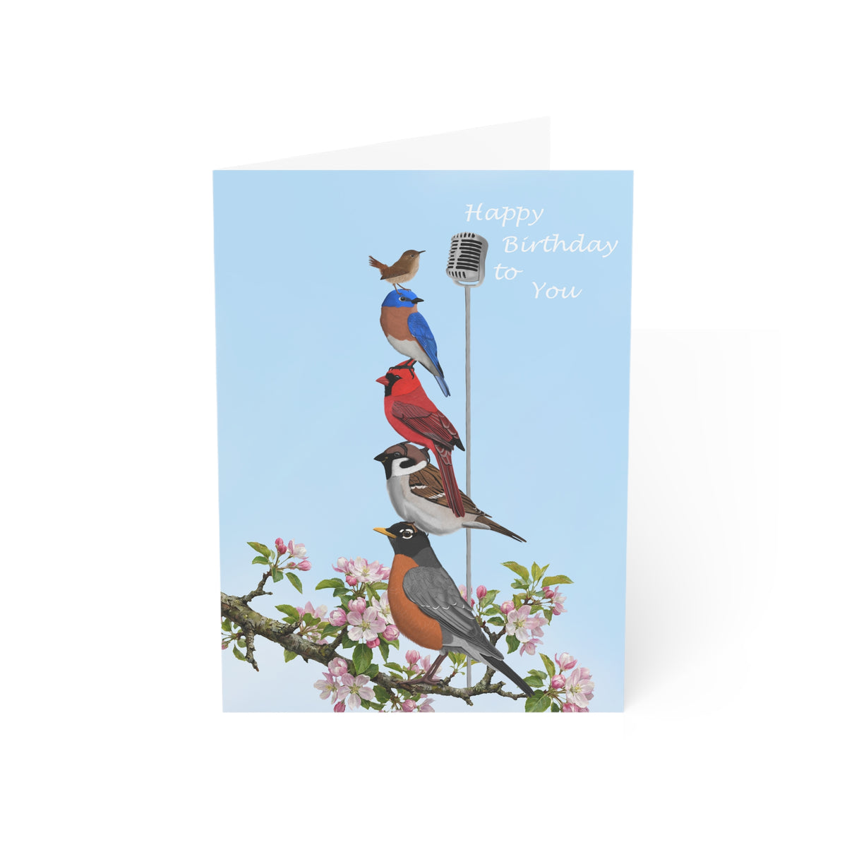 Greeting card with birds on a branch and 'Happy Birthday to You' text.