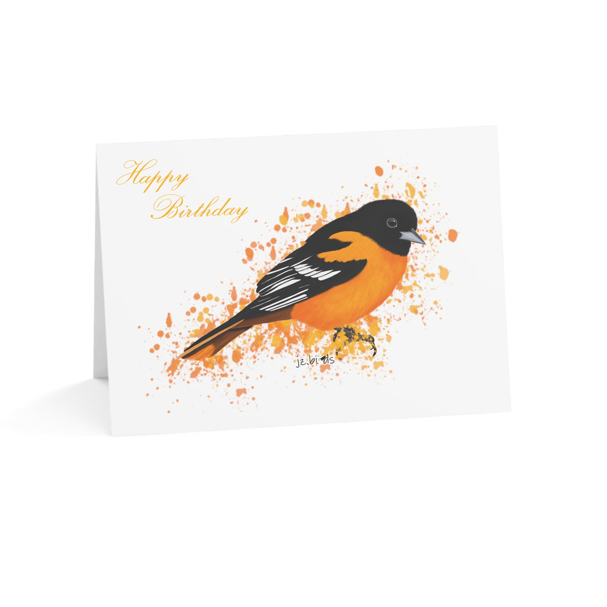 Greeting card with a baltimore oriole bird illustration and 'Happy Birthday' text on a white background.