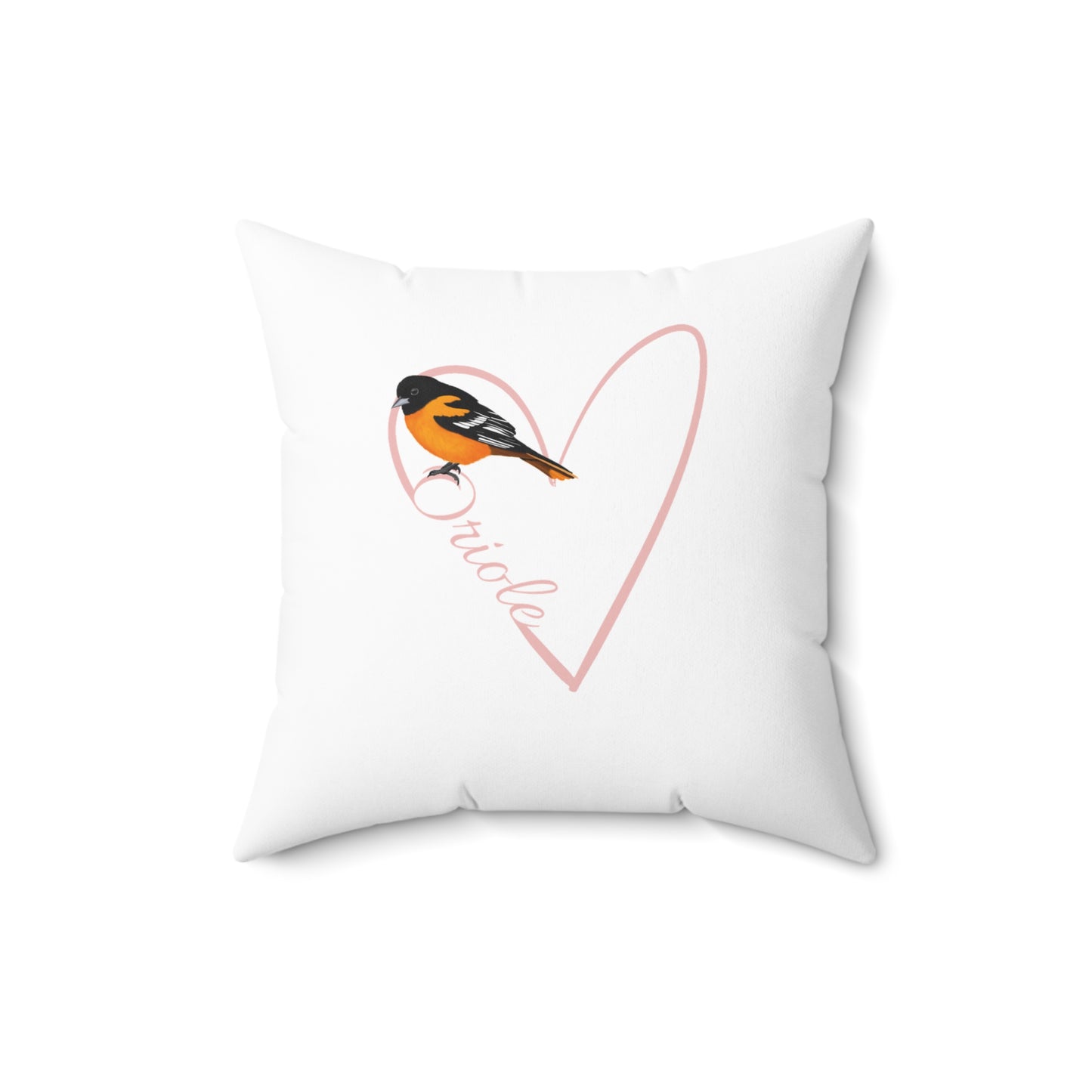 Baltimore Oriole Throw Pillow with Heart for Bird Lovers & Bird Watchers White