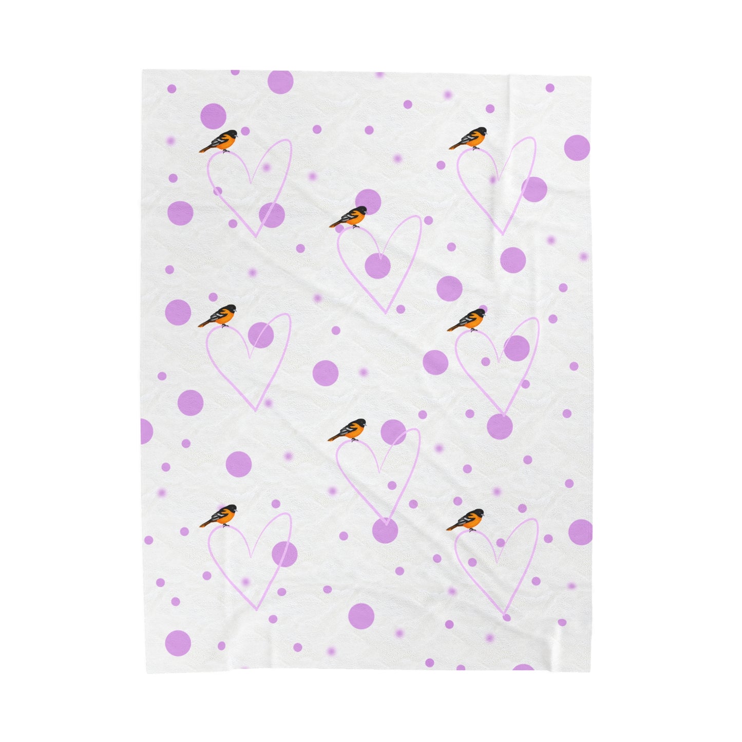 Baltimore Oriole Valentine's Day Bird Velveteen Plush Blanket Pink Hearts and Dots