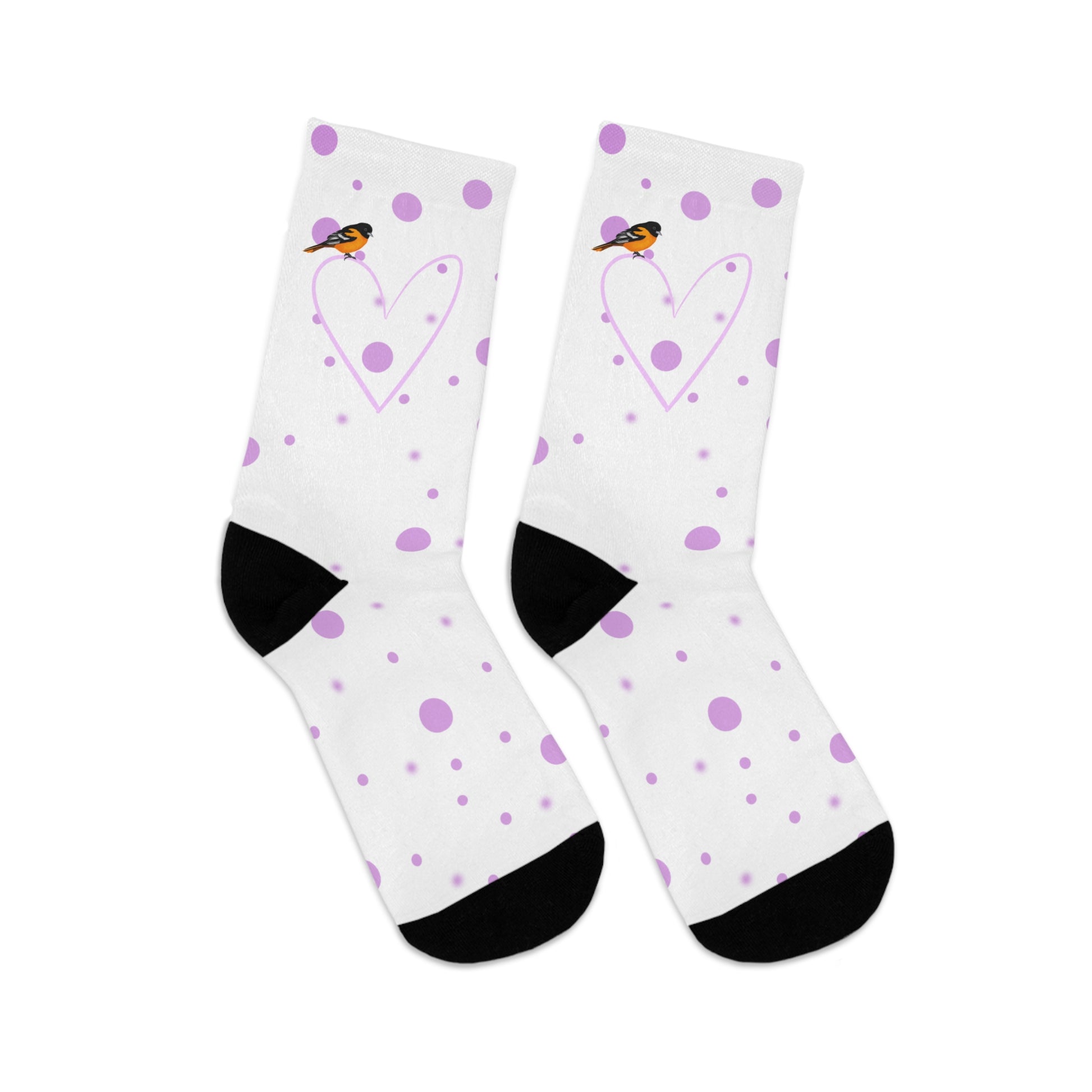 Baltimore Oriole Valentine's Day Pink Heart and Dots Bird Socks White