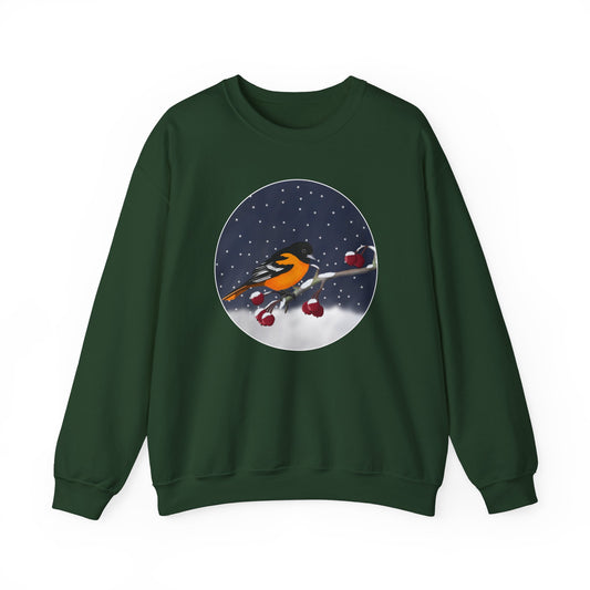 Baltimore Oriole on a Winter Branch Birdwatcher Christmas Bird Sweatshirt