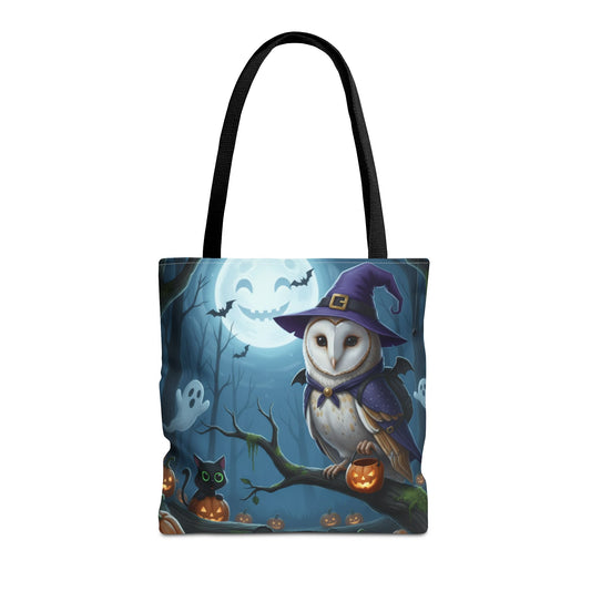 Barn Owl Halloween Tote Bag: Purple Cape & Witch Hat | 16"x16" Polyester | Bird Decor Accessory