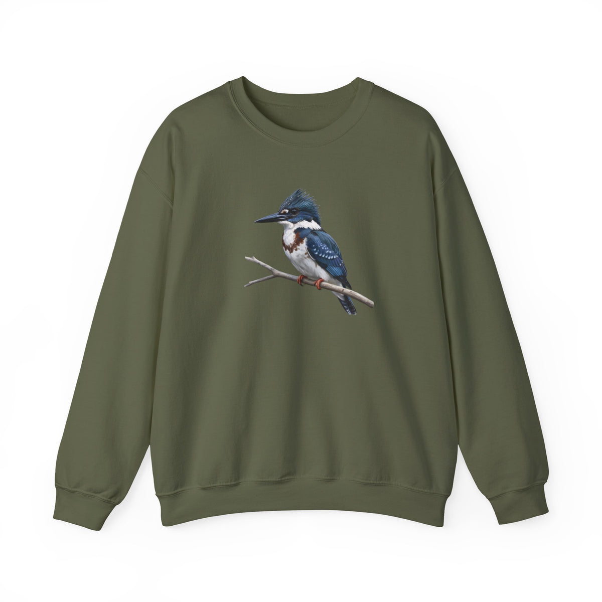 Green sweatshirt with a belted kingfisher bird design on a white background