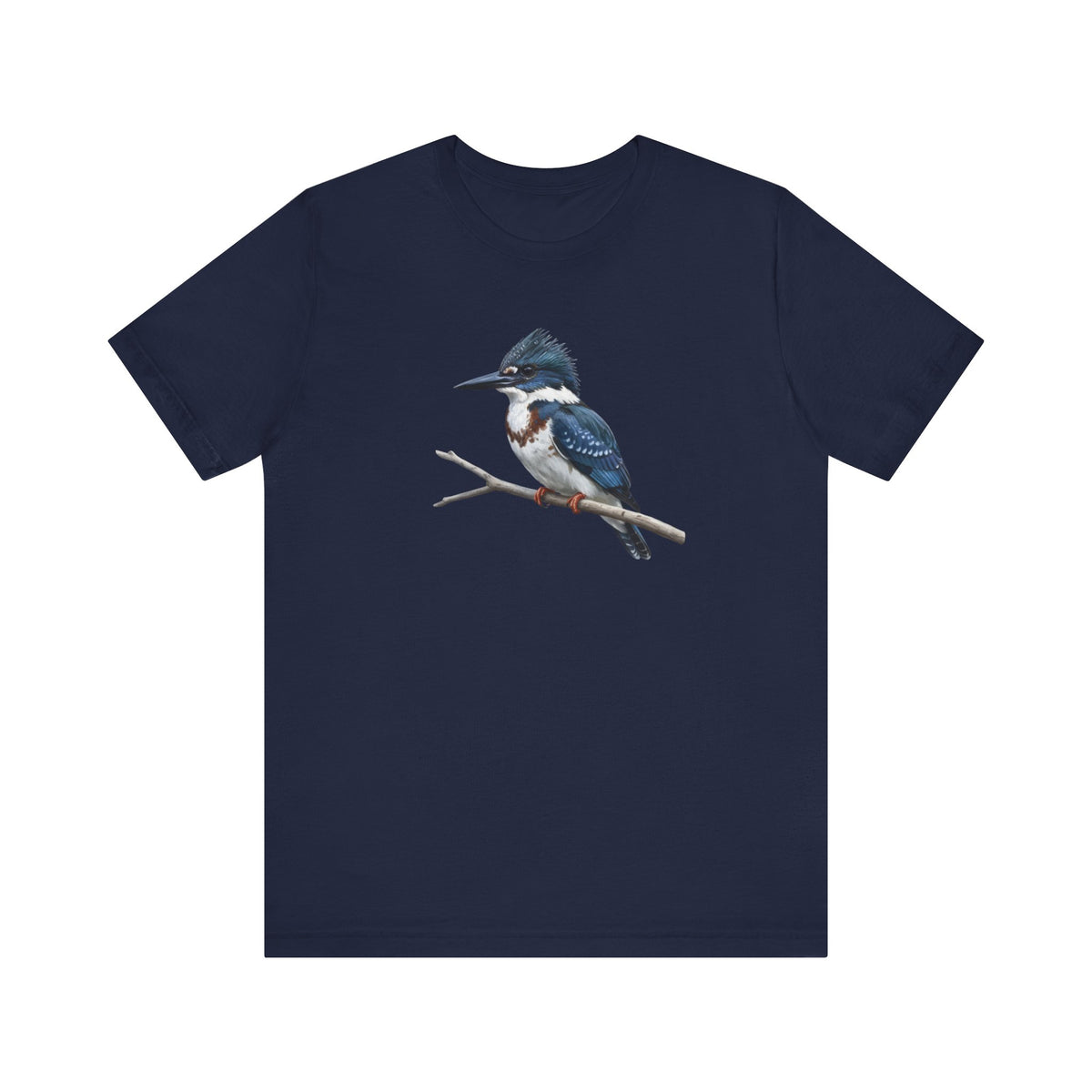 Navy blue t-shirt with a kingfisher design on a white background