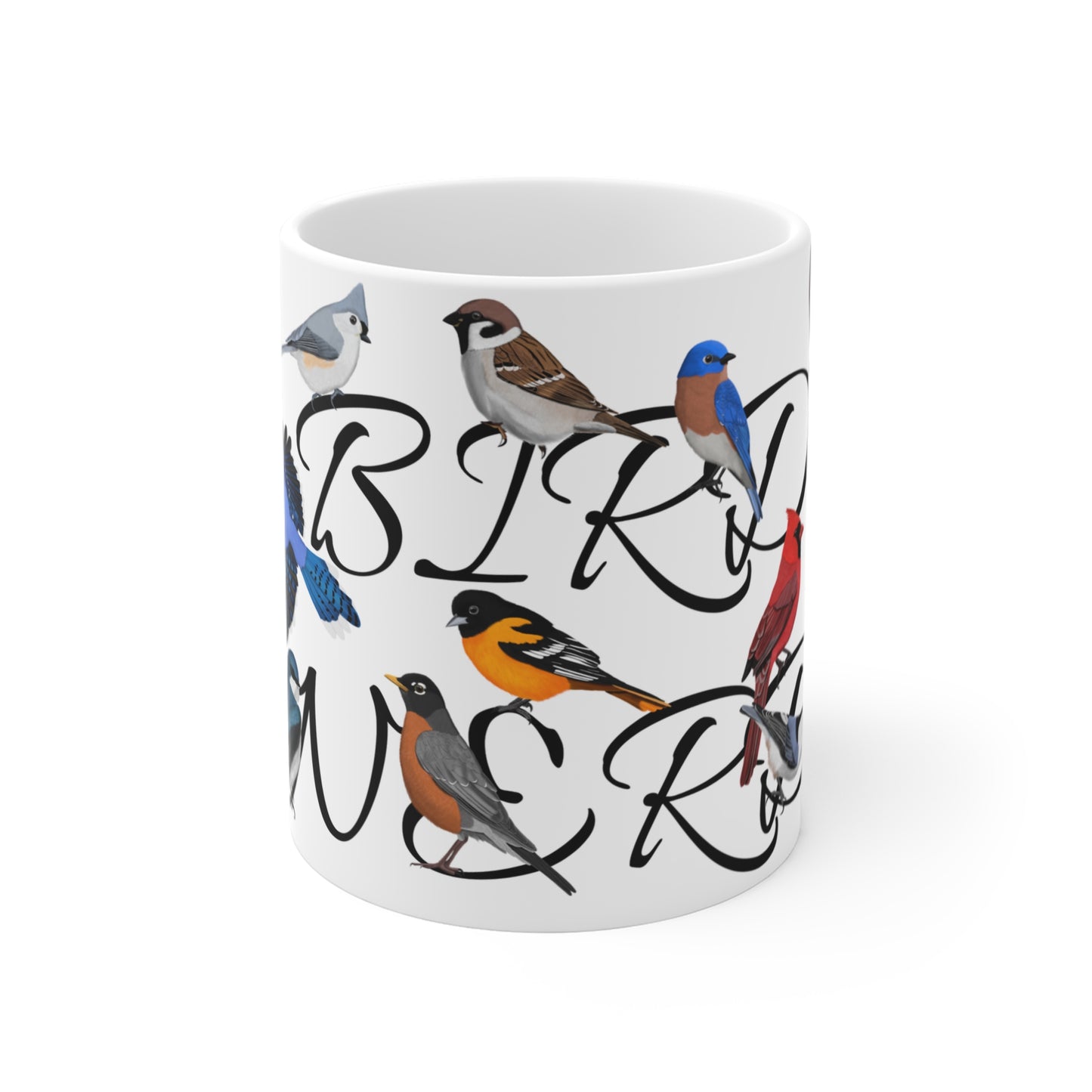 Bird Nerd Robin Blue Jay Cardinal Oriole Backyard Birds Ceramic Mug White