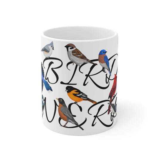Bird Nerd Robin Blue Jay Cardinal Oriole Backyard Birds Ceramic Mug White