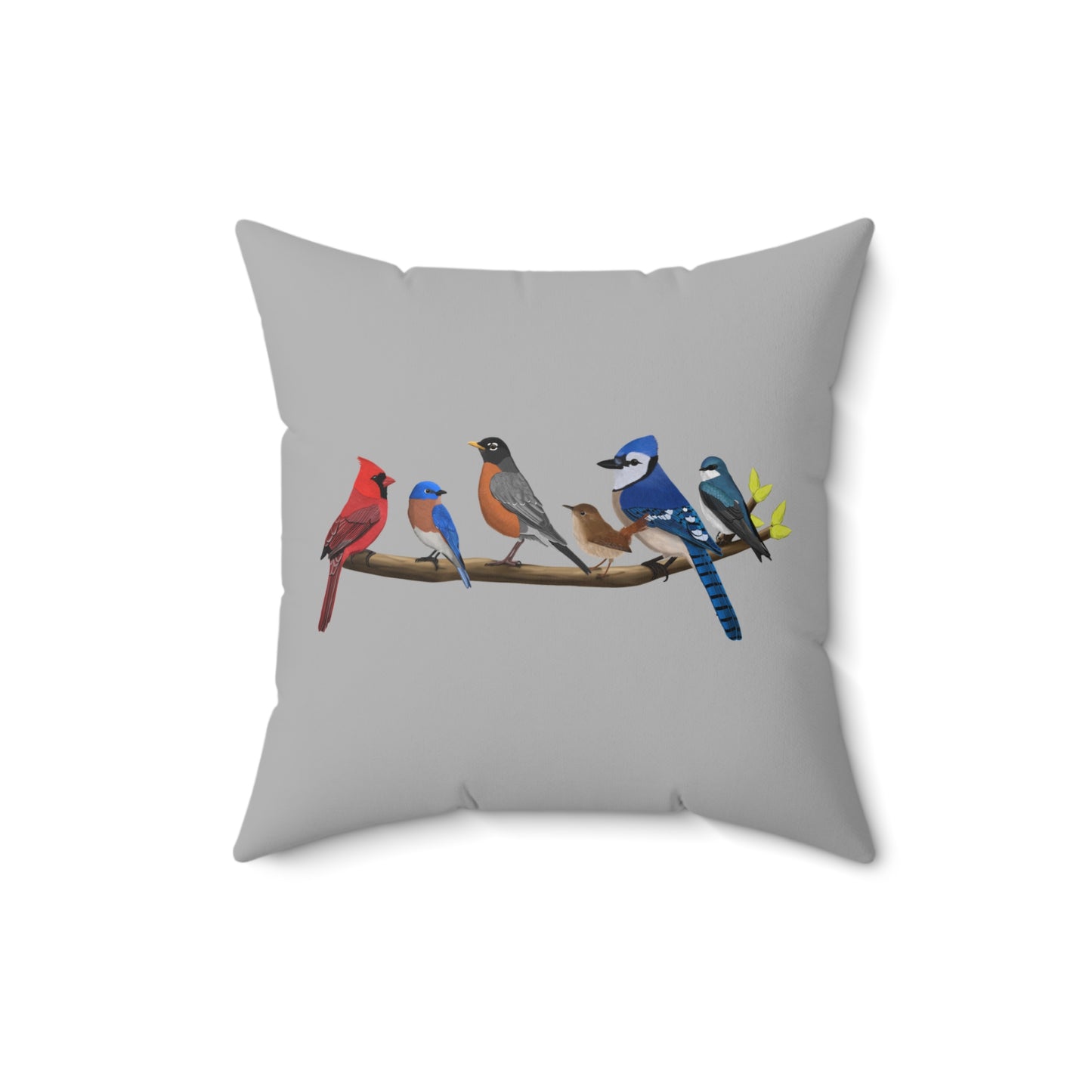 Birds on a Branch Cardinal Blue Jay Bluebird Tree Swallow Robin Throw Pillow Grey