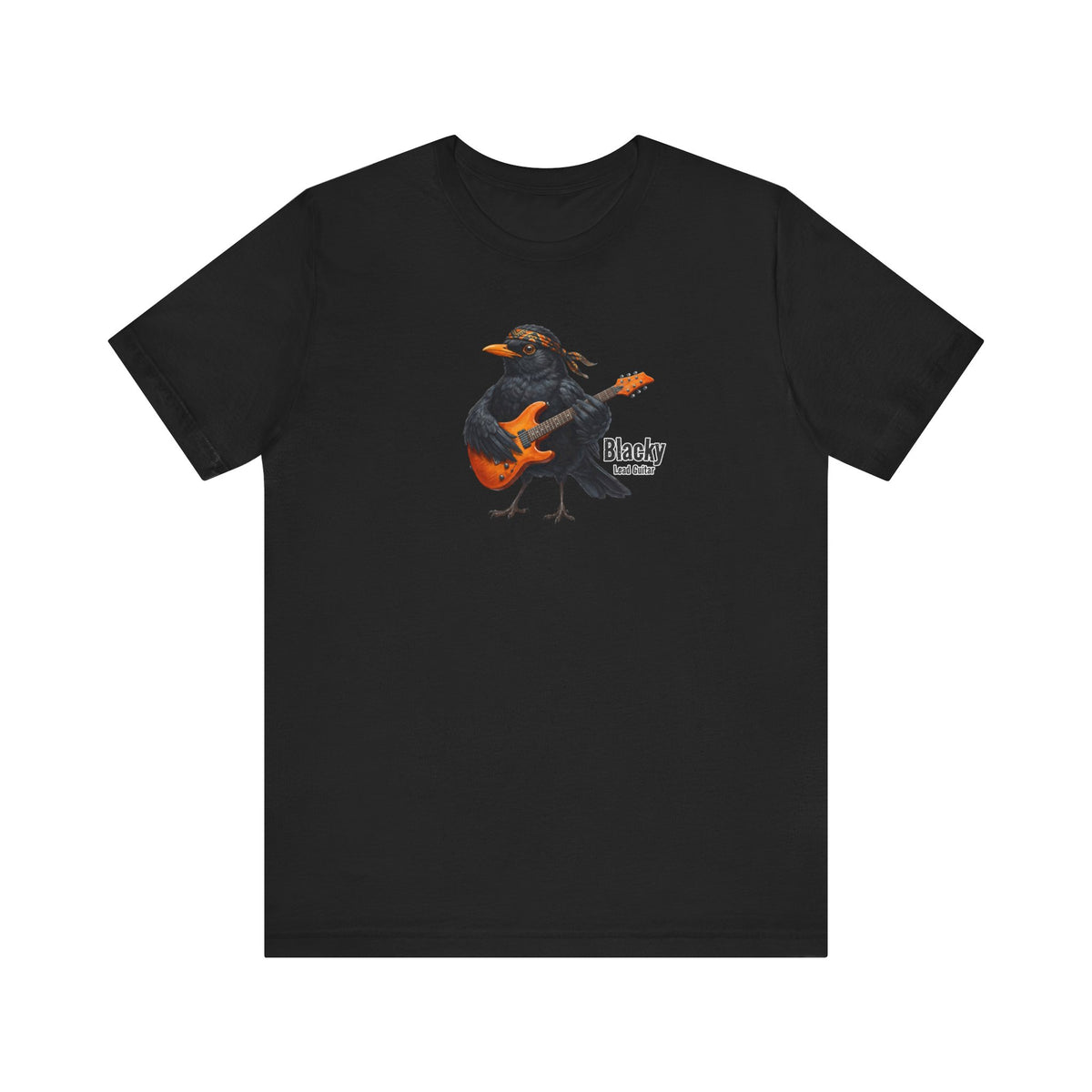 Black t-shirt with a graphic of a bird playing an orange guitar on a white background