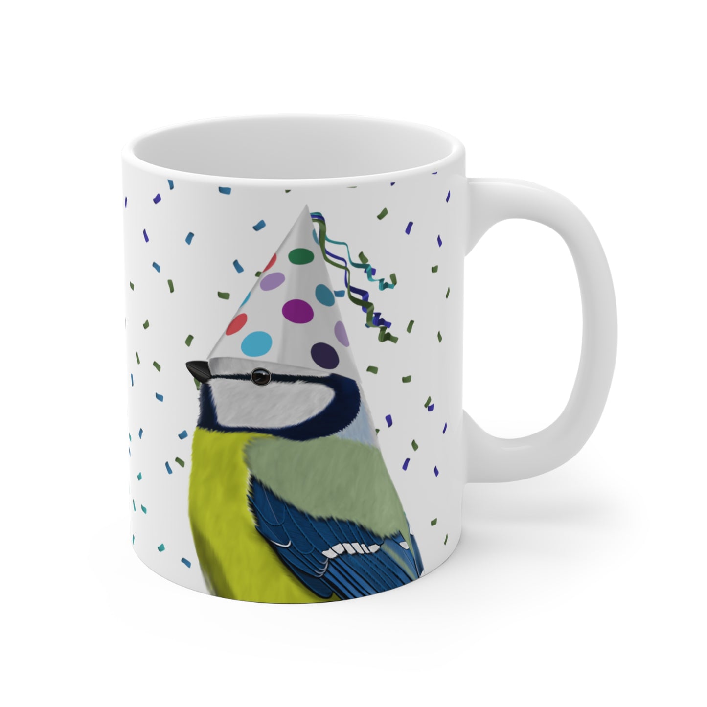Blaumeise feiert Geburtstag mit Partyhut und Konfetti Vogel Tasse