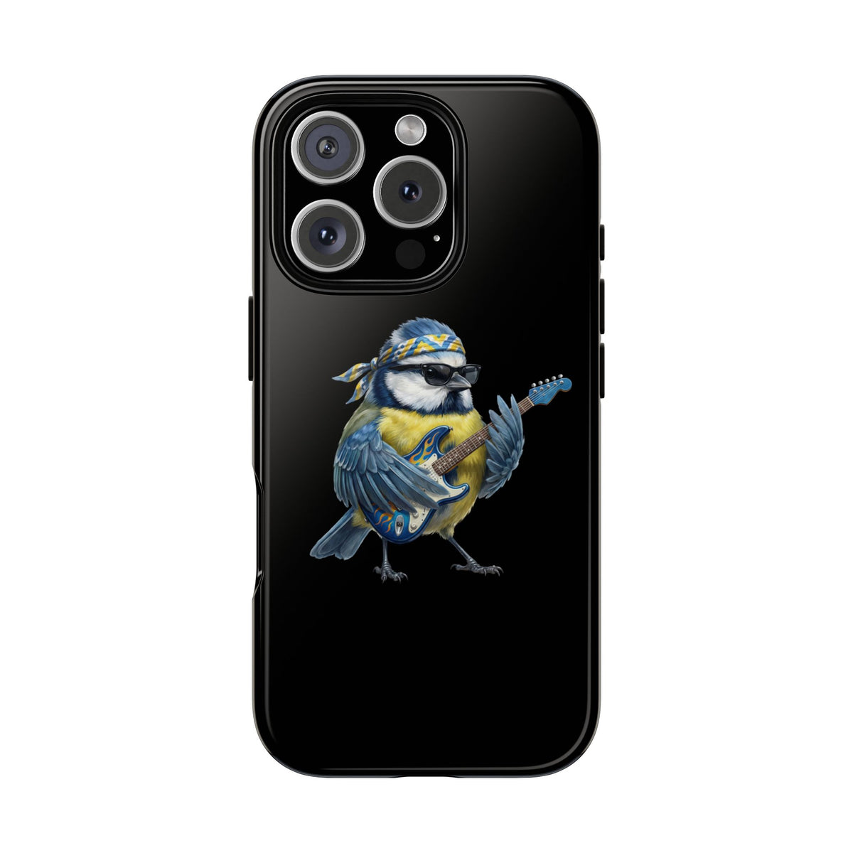 Schwarze iPhone Handyhülle mit einer Blaumeise, die eine Gitarre hält