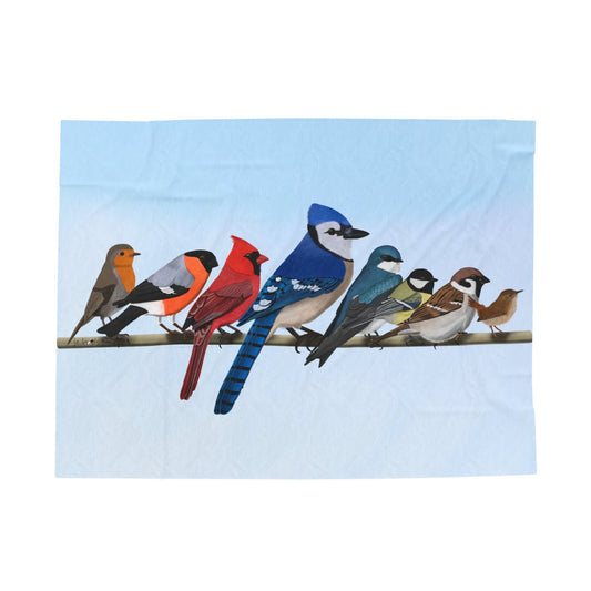 Blue Jay Cardinal Robin Bullfinch Backyard Birds on a Branch Velveteen Plush Blanket Blue