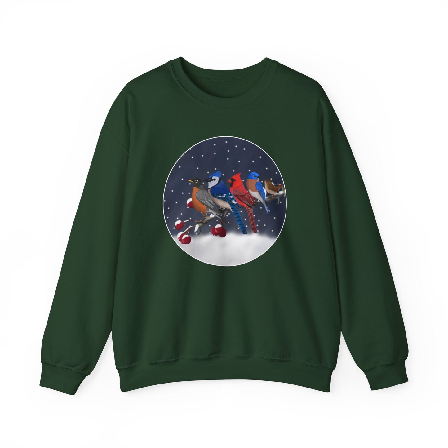 Blue Jay Robin Cardinal Bluebird Wren on a Winter Branch Christmas Bird Sweatshirt