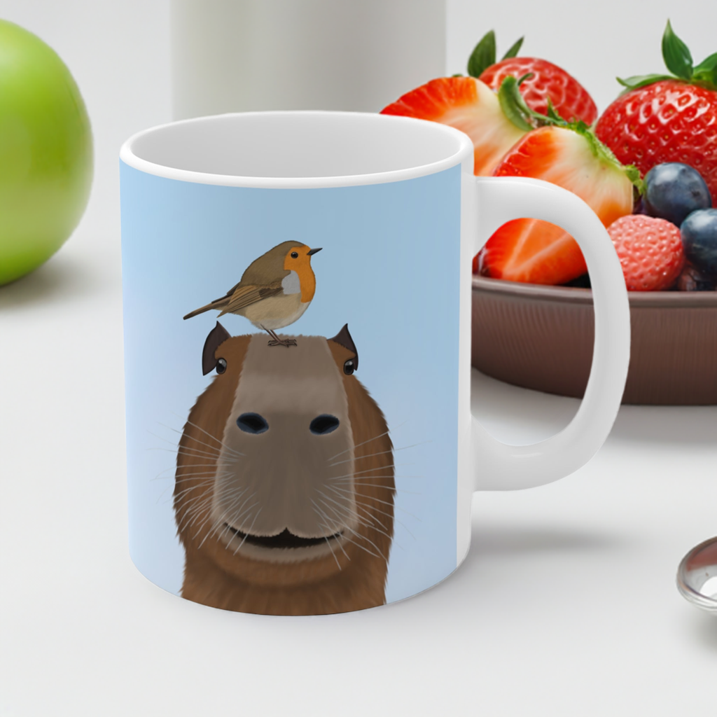 Capybara mit Rotkehlchen Lustige Vogel Tasse