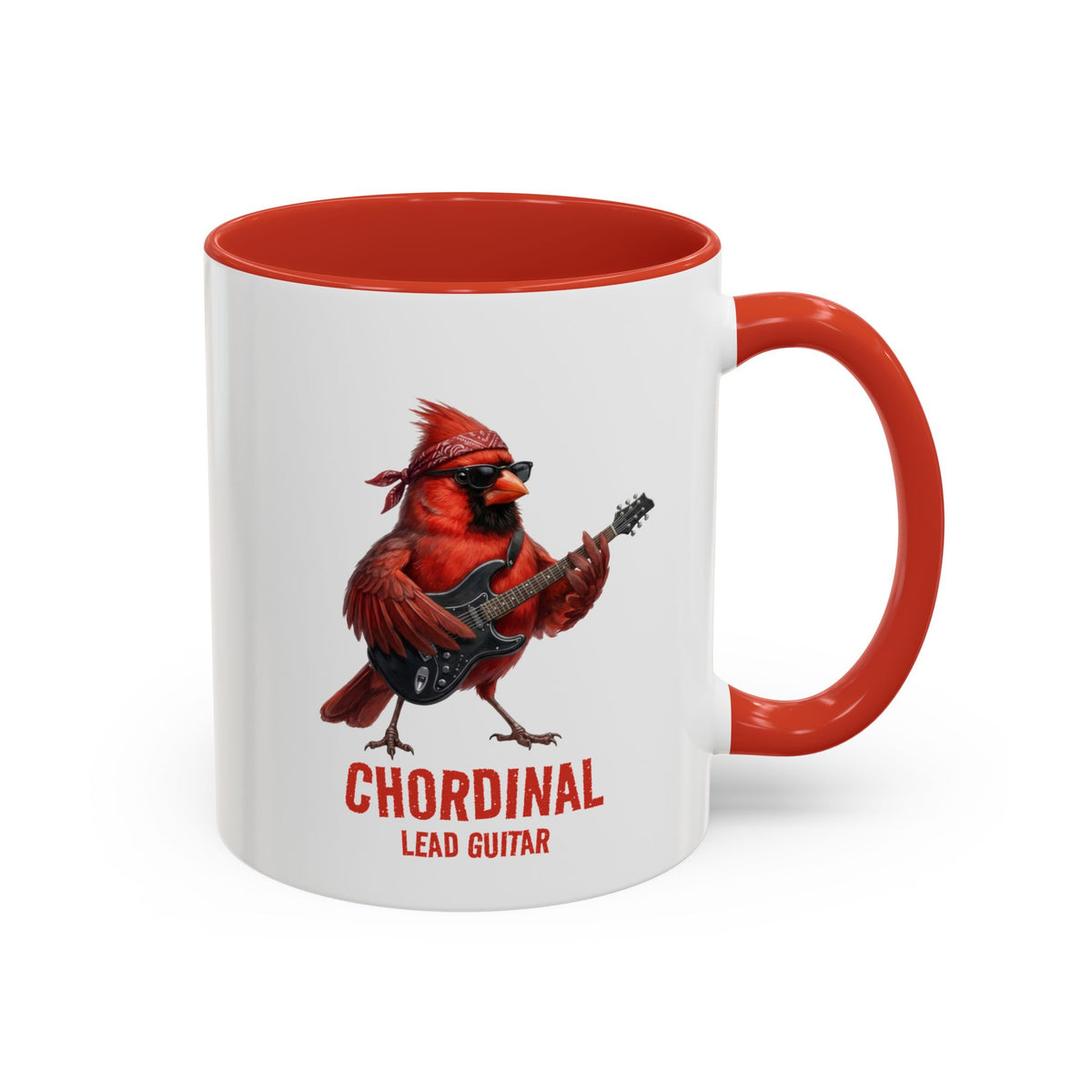 Mug with a red cardinal playing guitar and 'Chordial Lead Guitar' text on a white background