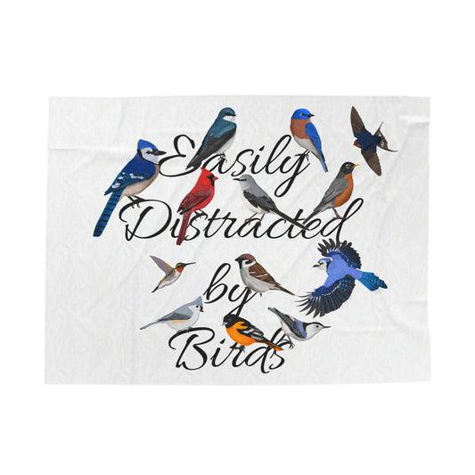 Easily Distracted by Birds Blue Jay Cardinal Robin Bluebird Hummingbird Oriole Backyard Birds Velveteen Plush Blanket White