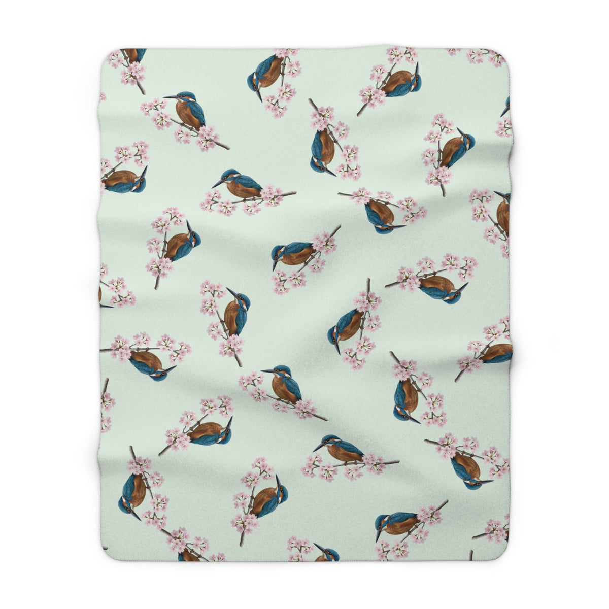 Eisvogel Premium Sherpa-Fleece Decke in Salbeigrün | Kuscheldecke mit Vogelmotiv (150x200cm)