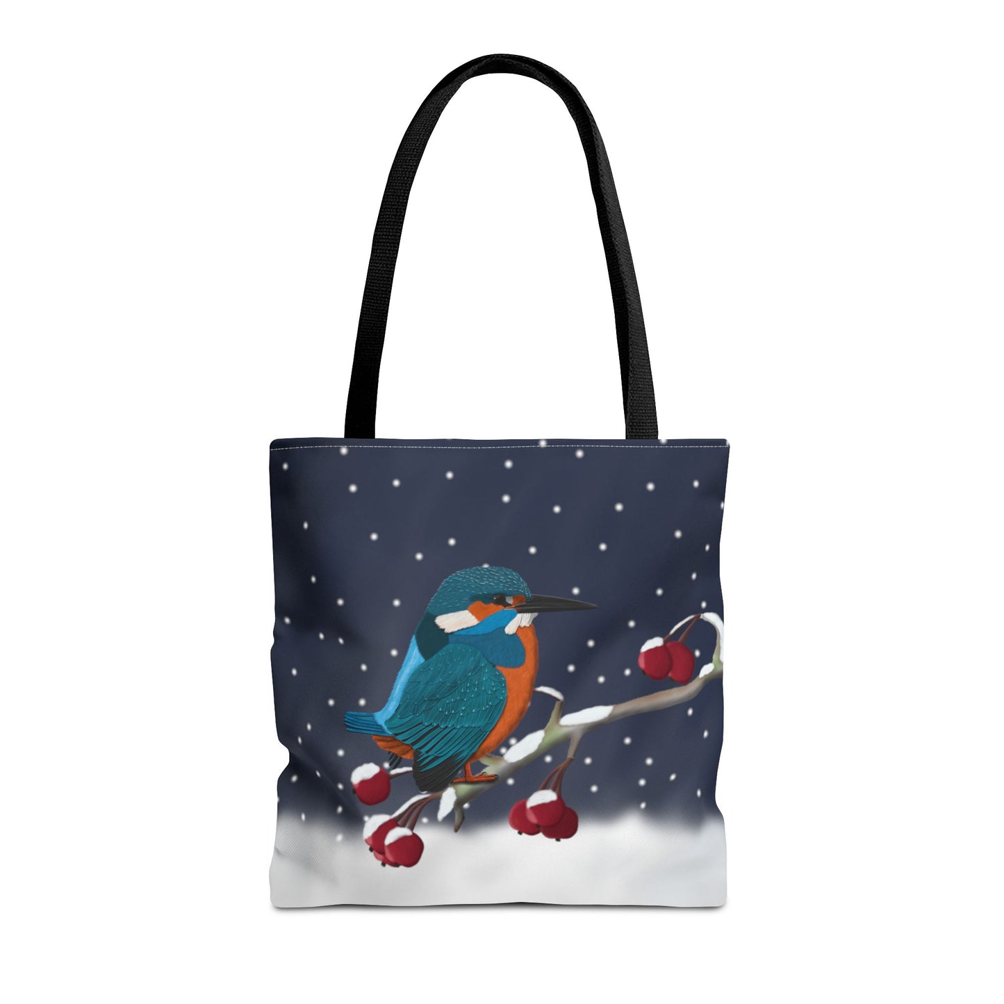 Eisvogel auf einem Ast im Schnee Vogel Tragetasche
