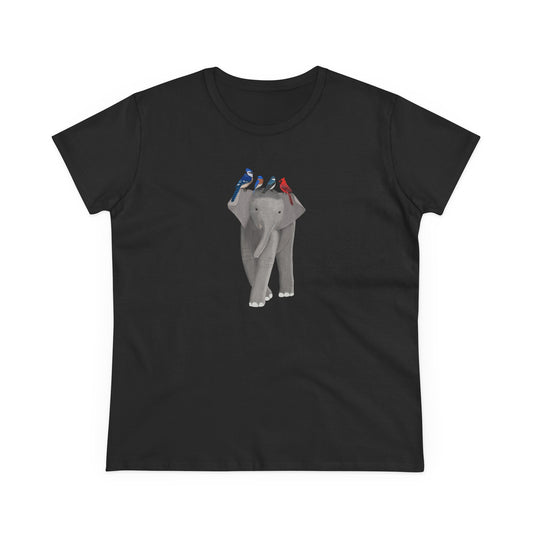 Elephant with Birds Blue Jay Cardinal Bluebird Design for Birdwatchers and Bird Lovers Women's T-Shirt