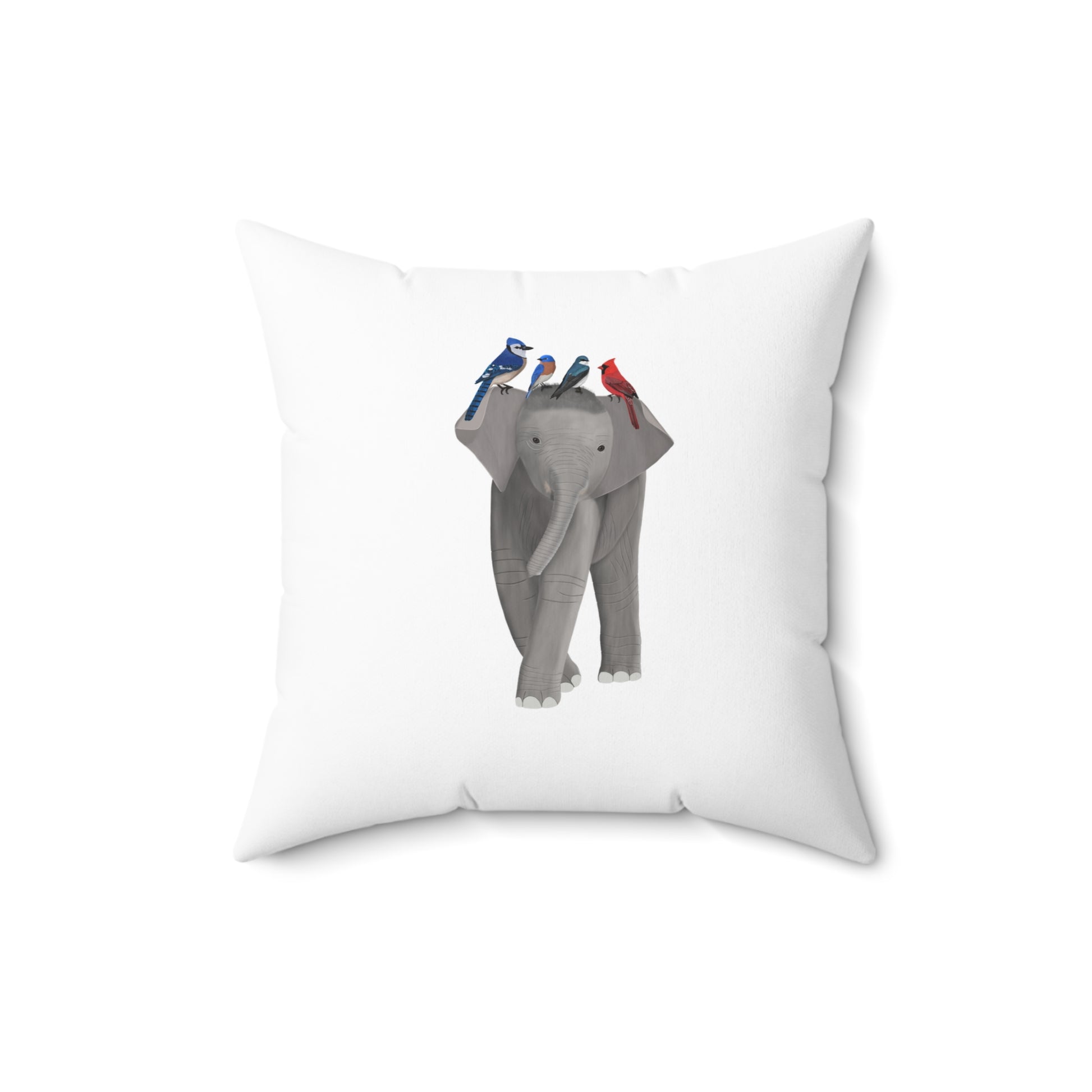 Elephant with Birds Cardinal Blue Jay Bluebird Tree Swallow Pillow White
