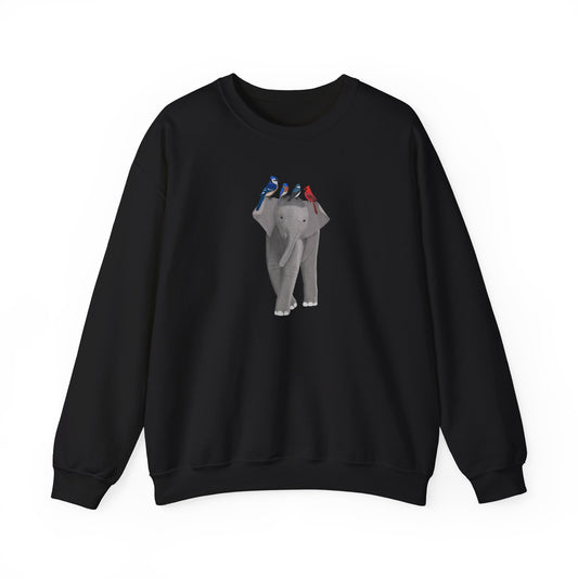 Elephant with Birds Cardinal Blue Jay Bluebird Tree Swallow Sweatshirt