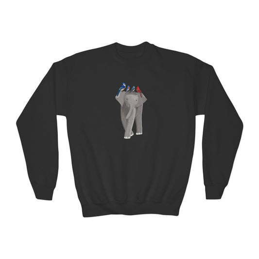 Elephant with Blue Jay Cardinal Bluebird Tree Swallow Bird Youth Crewneck Sweatshirt