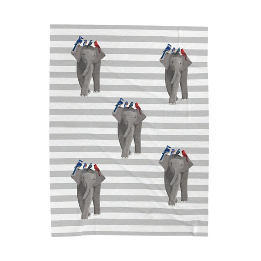 Elephant with Blue Jay Cardinal Tree Swallow Bluebird Backyard Birds Velveteen Plush Blanket Grey White
