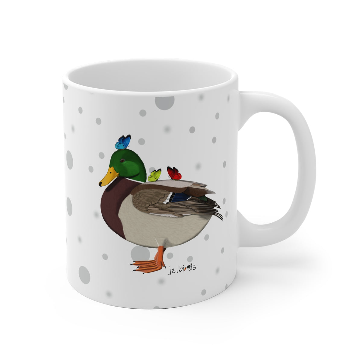 Ente mit Schmetterlingen Vogel Tasse Punkte Grau