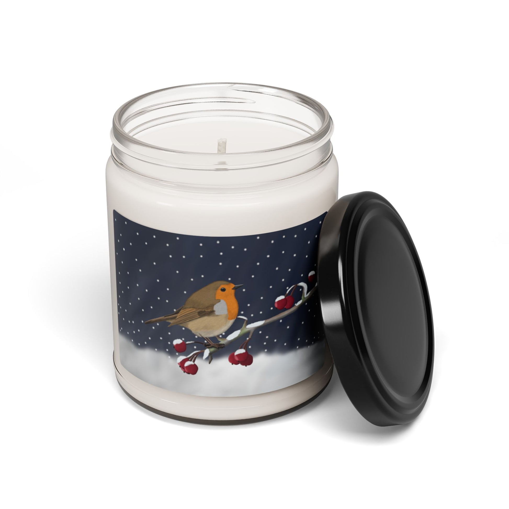 European Robin on a Winter Branch Christmas Bird Art Scented Soy Candle, 9oz