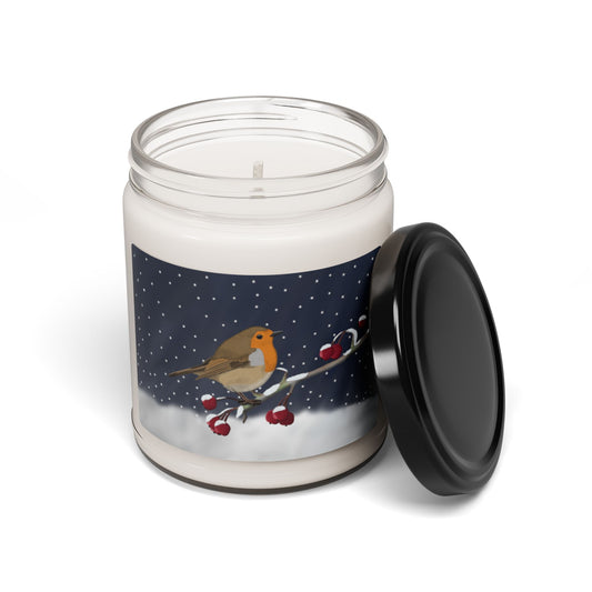 European Robin on a Winter Branch Christmas Bird Art Scented Soy Candle, 9oz