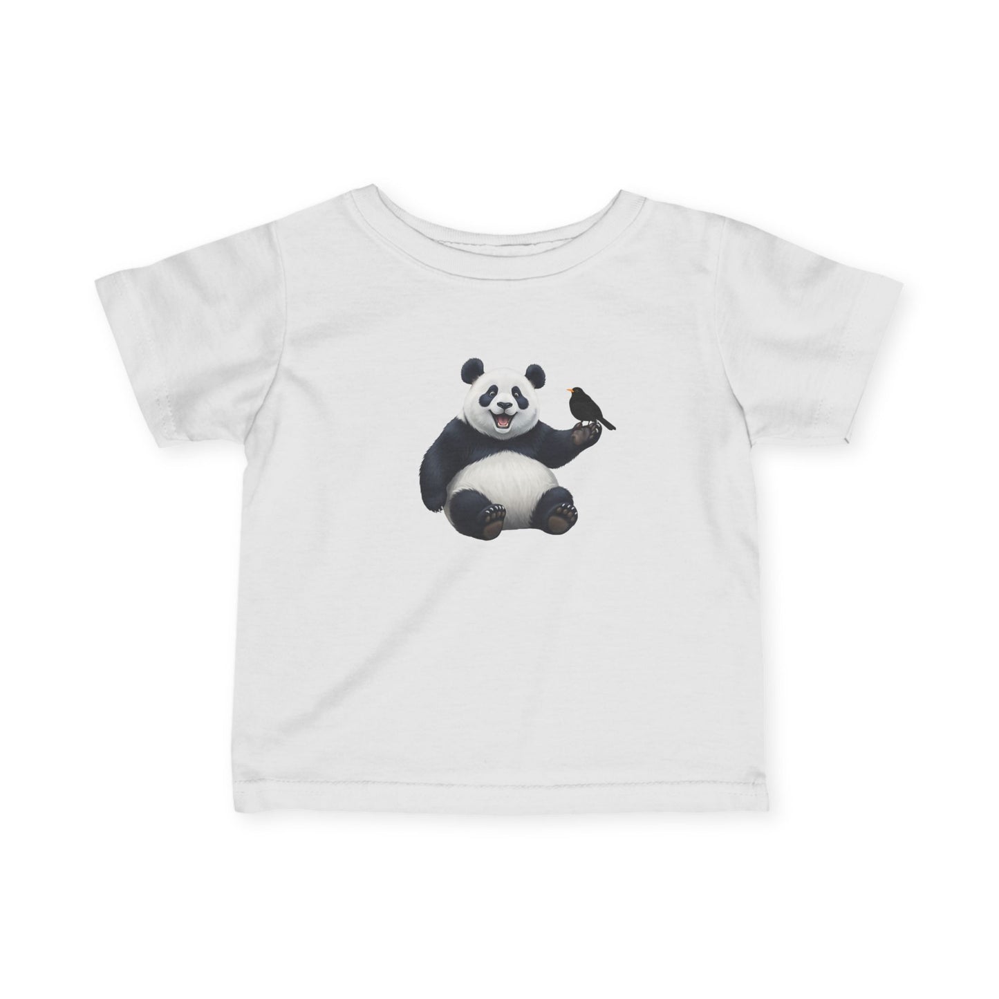 Fröhlicher Panda mit Amsel Vogel Tiermotiv T-Shirt für Babys und Kleinkinder