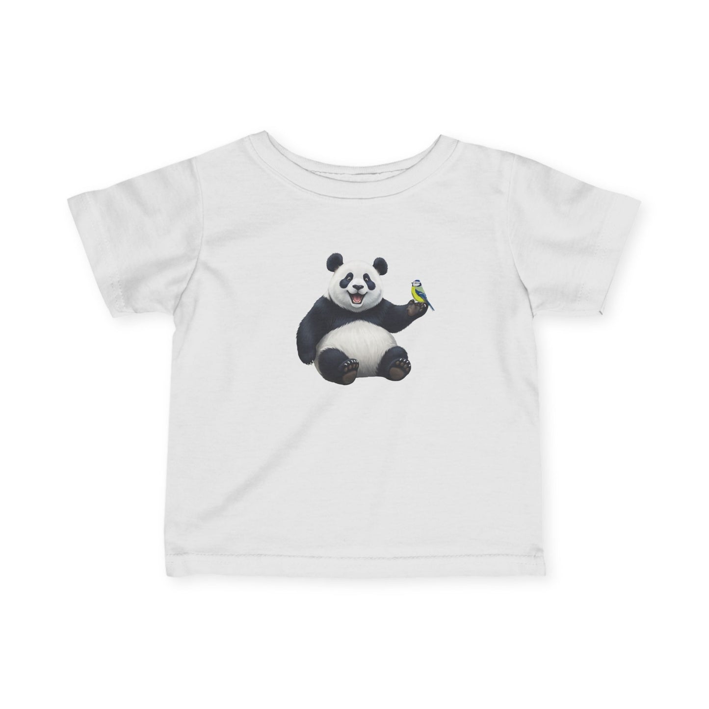 Fröhlicher Panda mit Blaumeise Vogel Tiermotiv T-Shirt für Babys und Kleinkinder