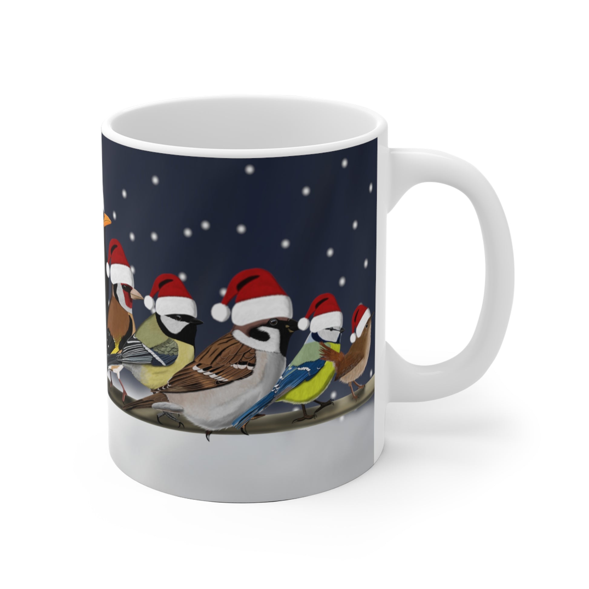 Gartenvögel auf einem Ast Amsel Rotkehlchen Feldsperling im Winter Weihnachten Schnee Vogel Tasse
