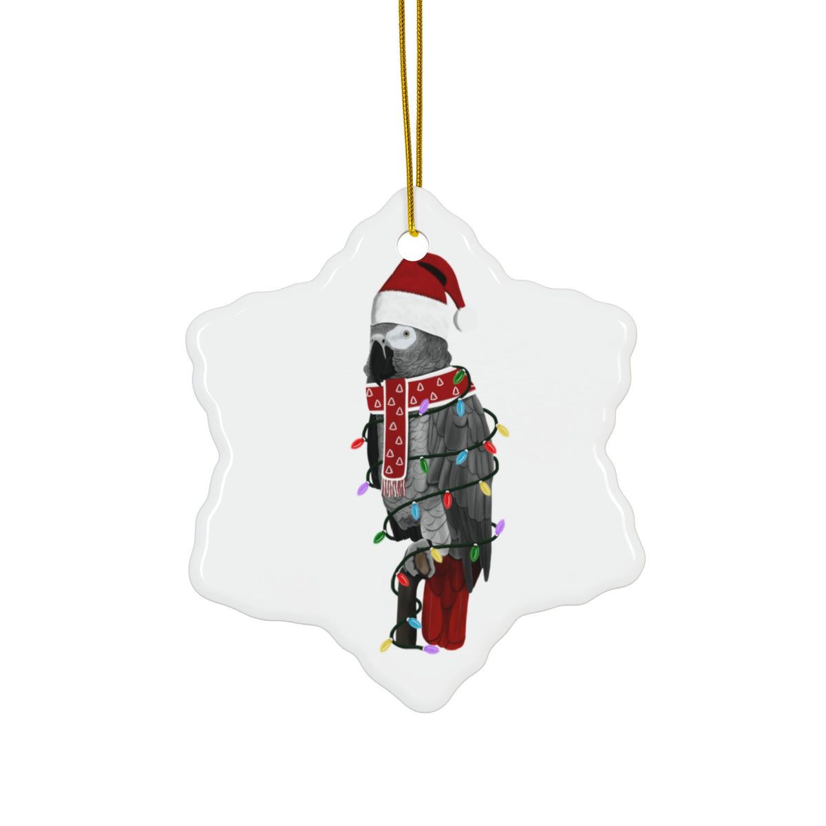 Grey Parrot as Santa Ceramic Bird Christmas Ornament | Durable Double-Sided Bird Lover Decor