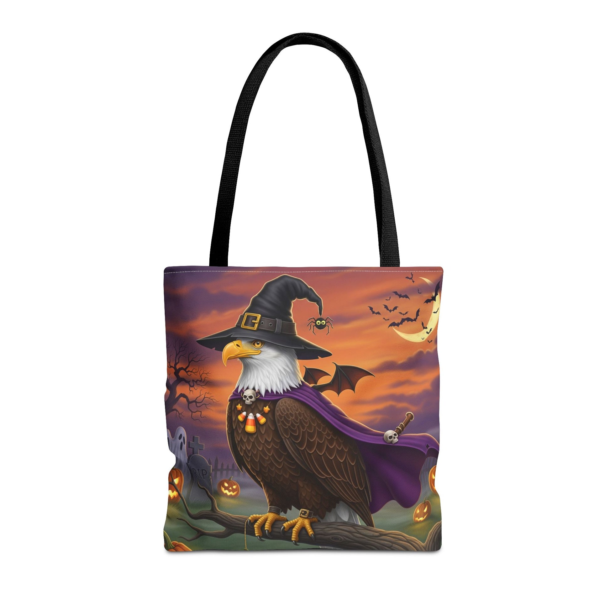 Halloween Bald Eagle Tote Bag: Purple Cape & Witch Hat | 16"x16" Polyester | Bird Decor Accessory