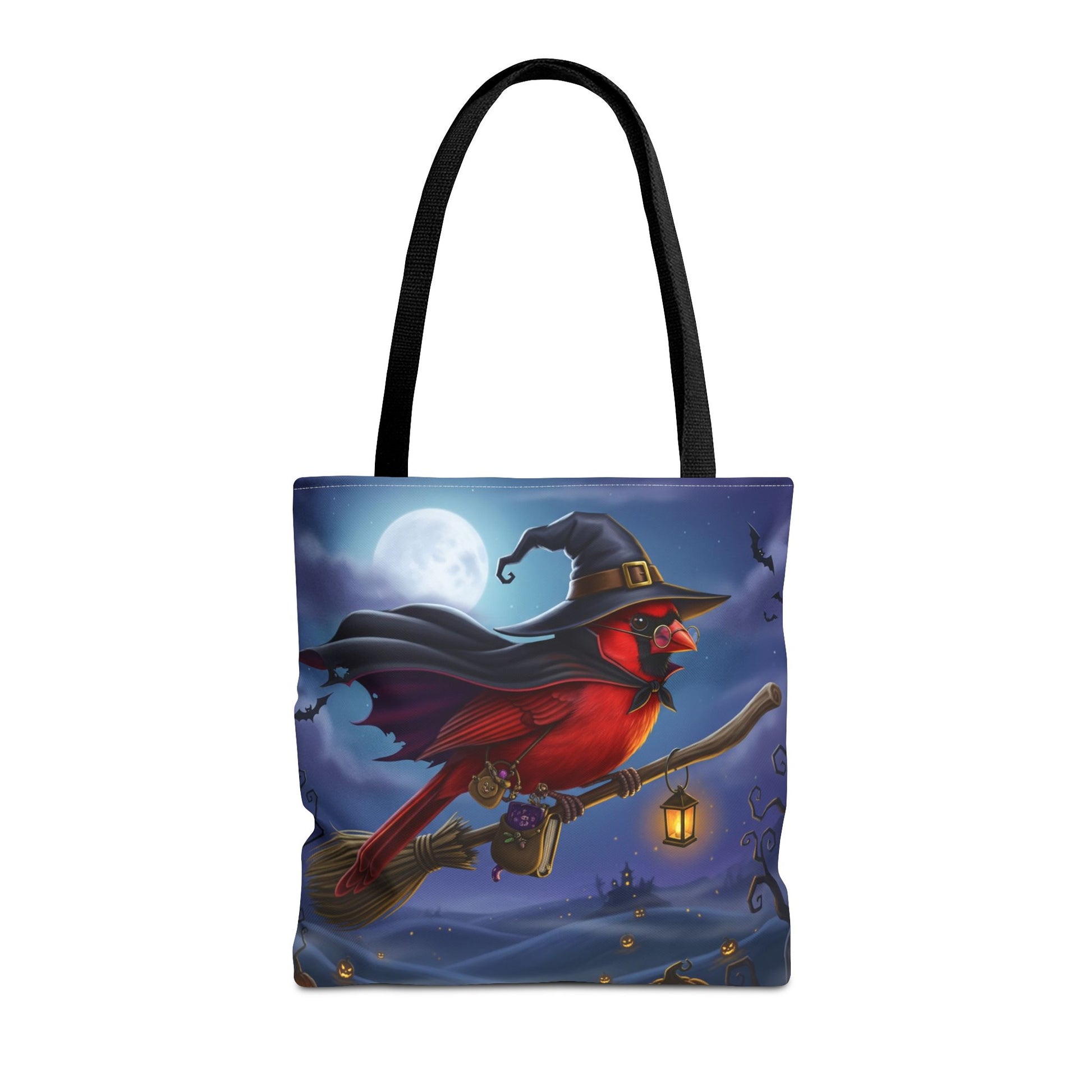 Halloween Cardinal Tote Bag: Cape & Witch Hat | 16"x16" Polyester | Bird Decor Accessory