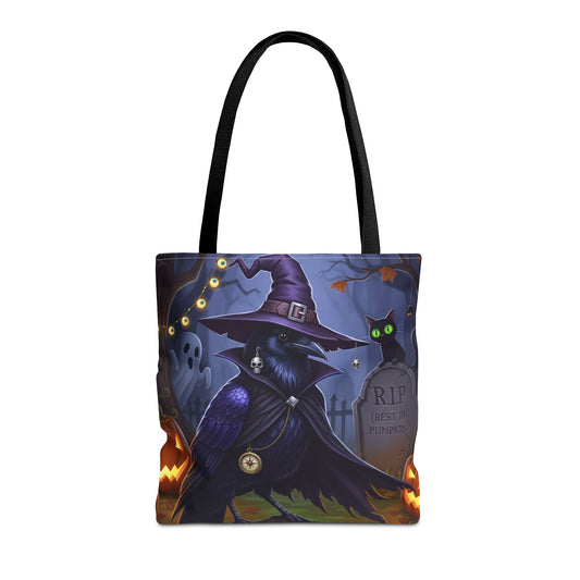 Halloween Crow Tote Bag: Purple Cape & Witch Hat | 16"x16" Polyester | Bird Decor Accessory
