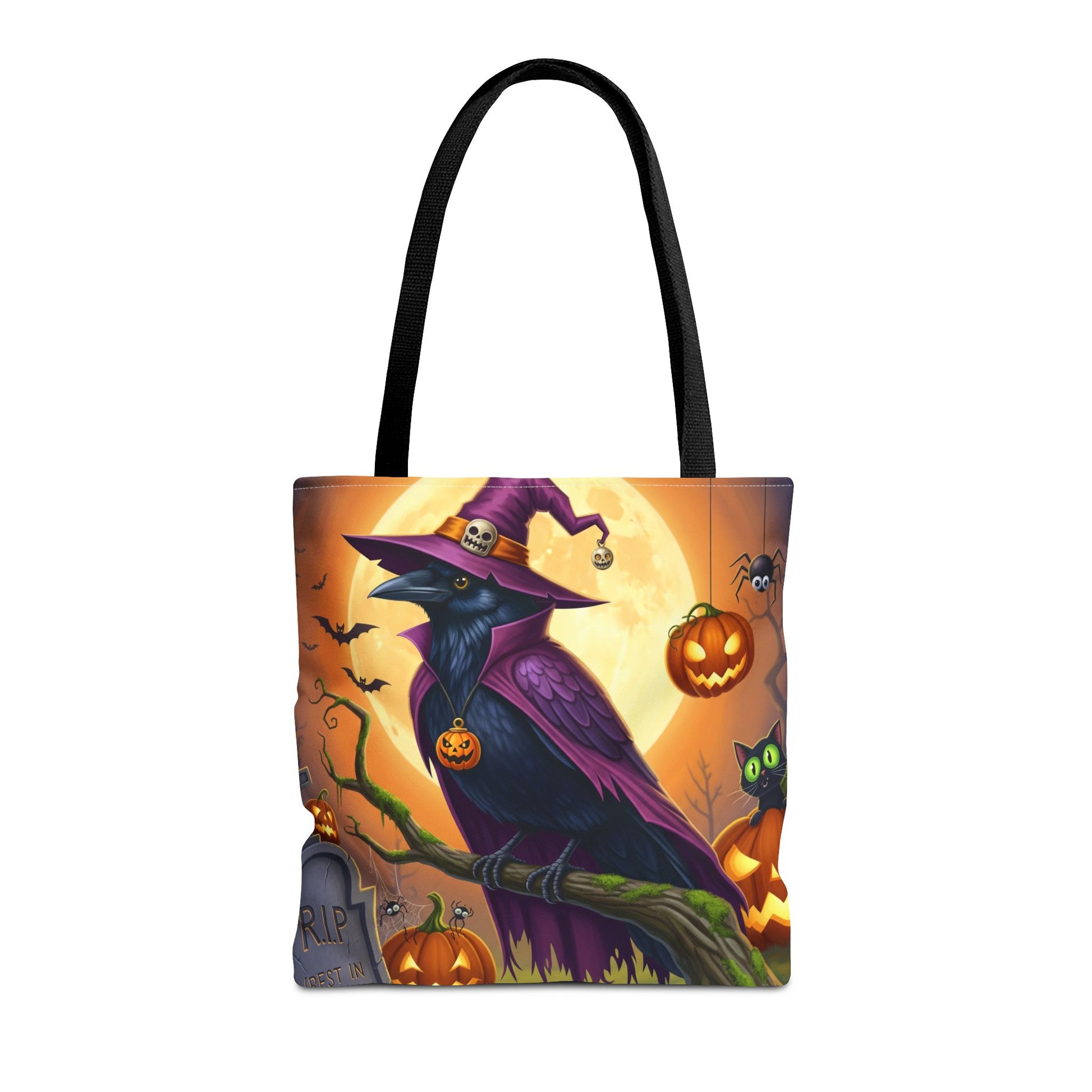 Halloween Raven Tote Bag: Purple Cape & Witch Hat | 16"x16" Polyester | Bird Decor Accessory
