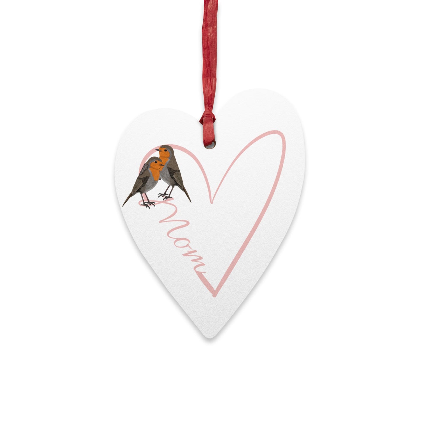 Heart-Shaped Mom Wooden Ornament with Robin - Perfect for Bird Lovers and Mother's Day