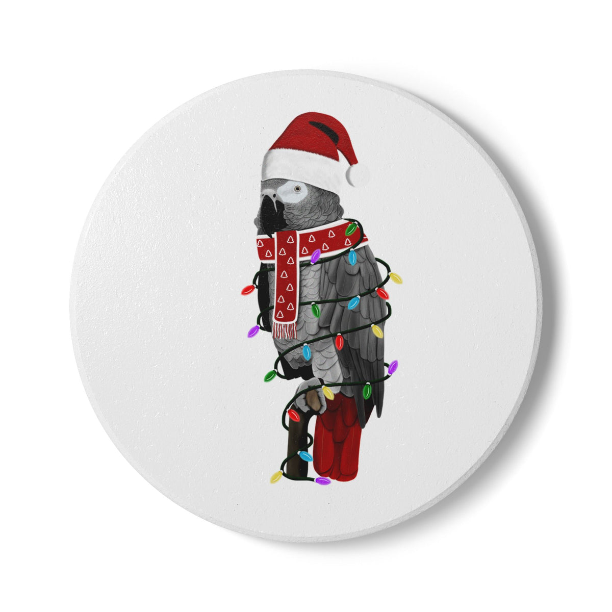 Keramik-Untersetzer Graupapagei als Weihnachtsmann mit Lichterkette Weihnachtliches Vogel-Motiv