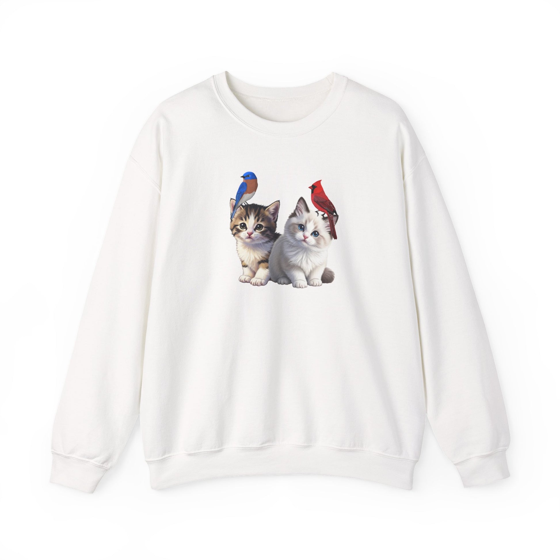 Kitten with Bluebird and Cardinal Cat Sweatshirt Bird & Cat Lover