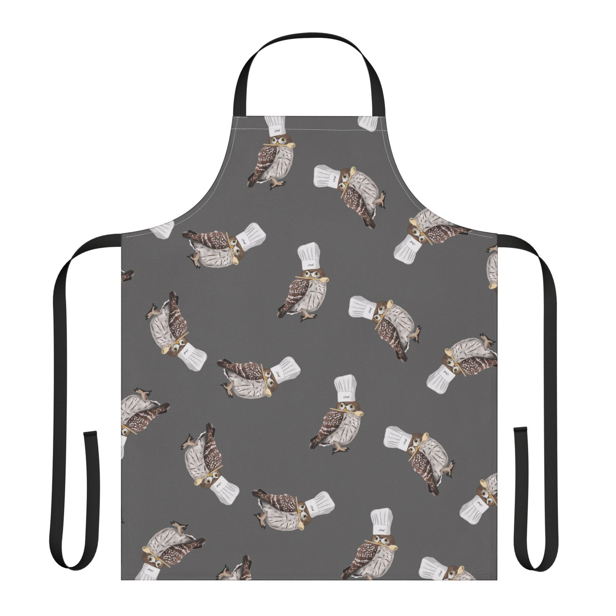 Gray apron with owl bird pattern on a white background