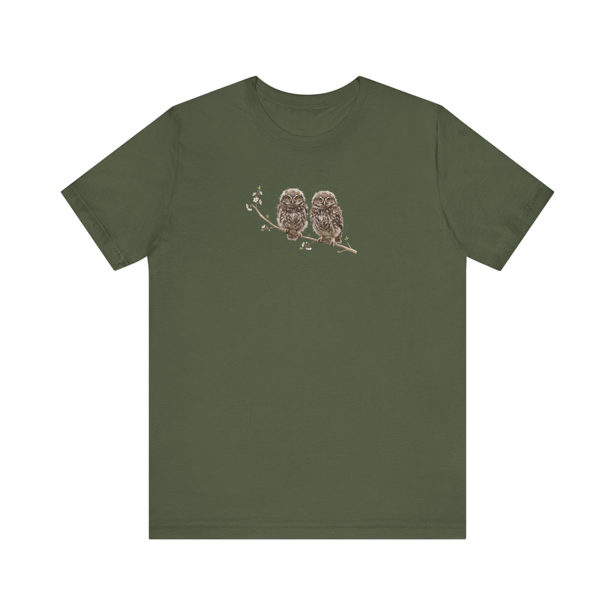 Little Owl Fledgling T-Shirt | Spring Blossoms Unisex Graphic Tee for Bird Watchers