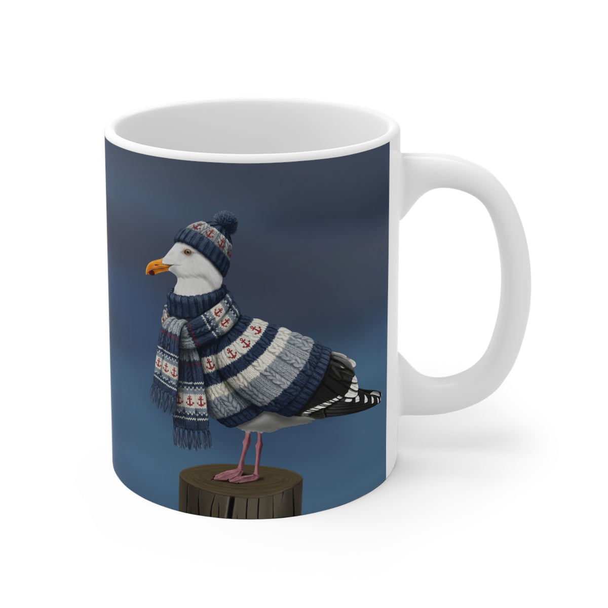 Möwe mit Strickpullover Weihnachtliche Tasse mit Vogelmotiv – Ideal für Kakao & Kaffee